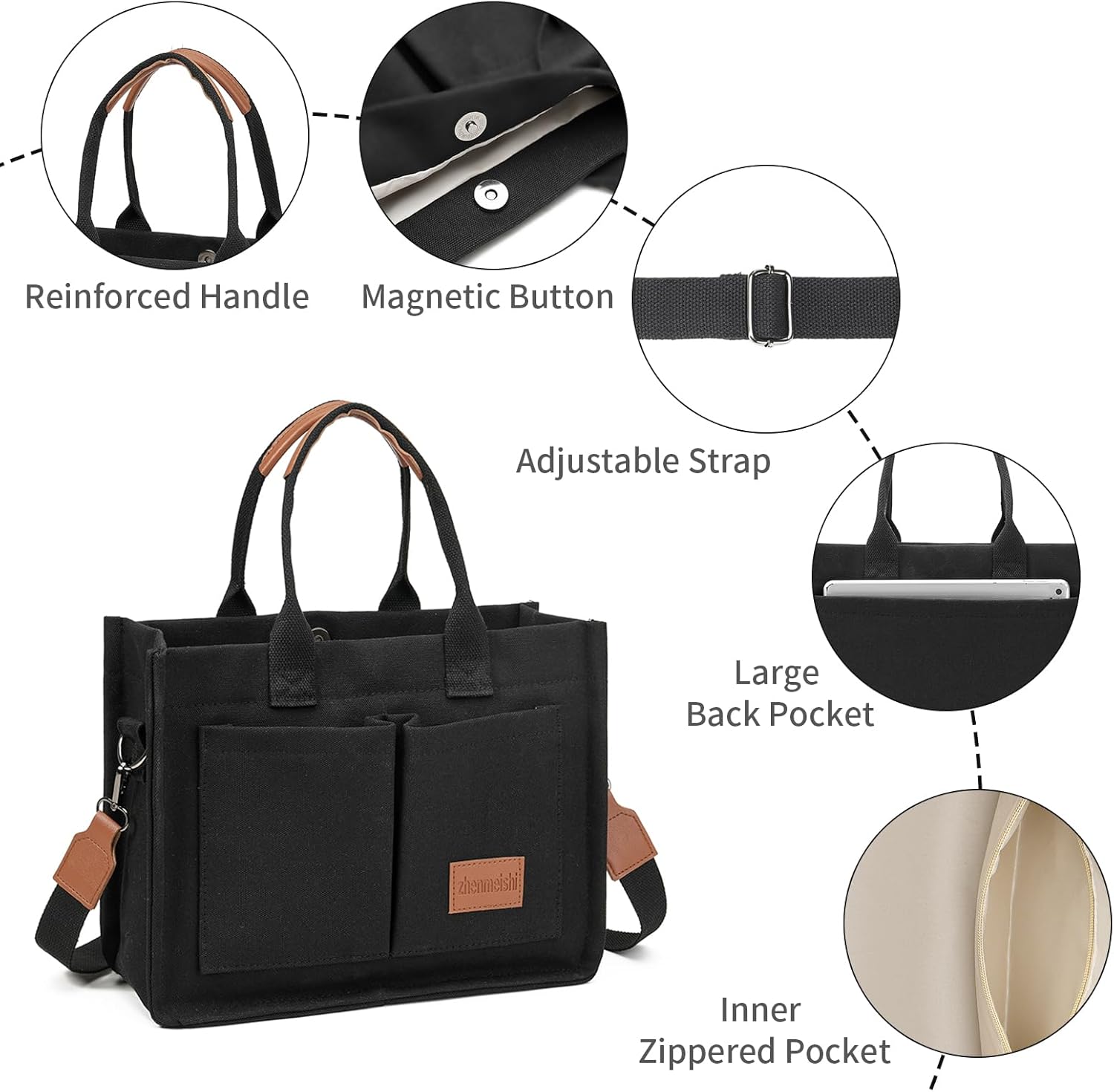 Small Tote Bags for Women Canvas Tote Bag with Zipper Satchel Crossbody Bag Work Travel Shoulder Handbags with Pockets - Image 5