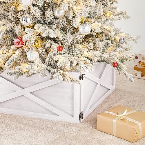 Miniatura 6 de glitzhome - Falda de madera blanca lavada para cubrir la base del árbol de Navidad, caja para cubrir la base del árbol. 22 pulgadas de largo