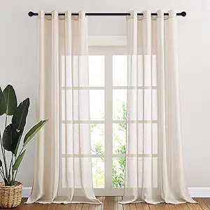 NICETOWN 90 inch Beige Curtains Linen Sheer Faux Flax Window Drapes, Grommet Decorative Keep Privacy Semi Sheer with Light Filtering for Living Room/Bedroom, W52 x L90, 2 Panels