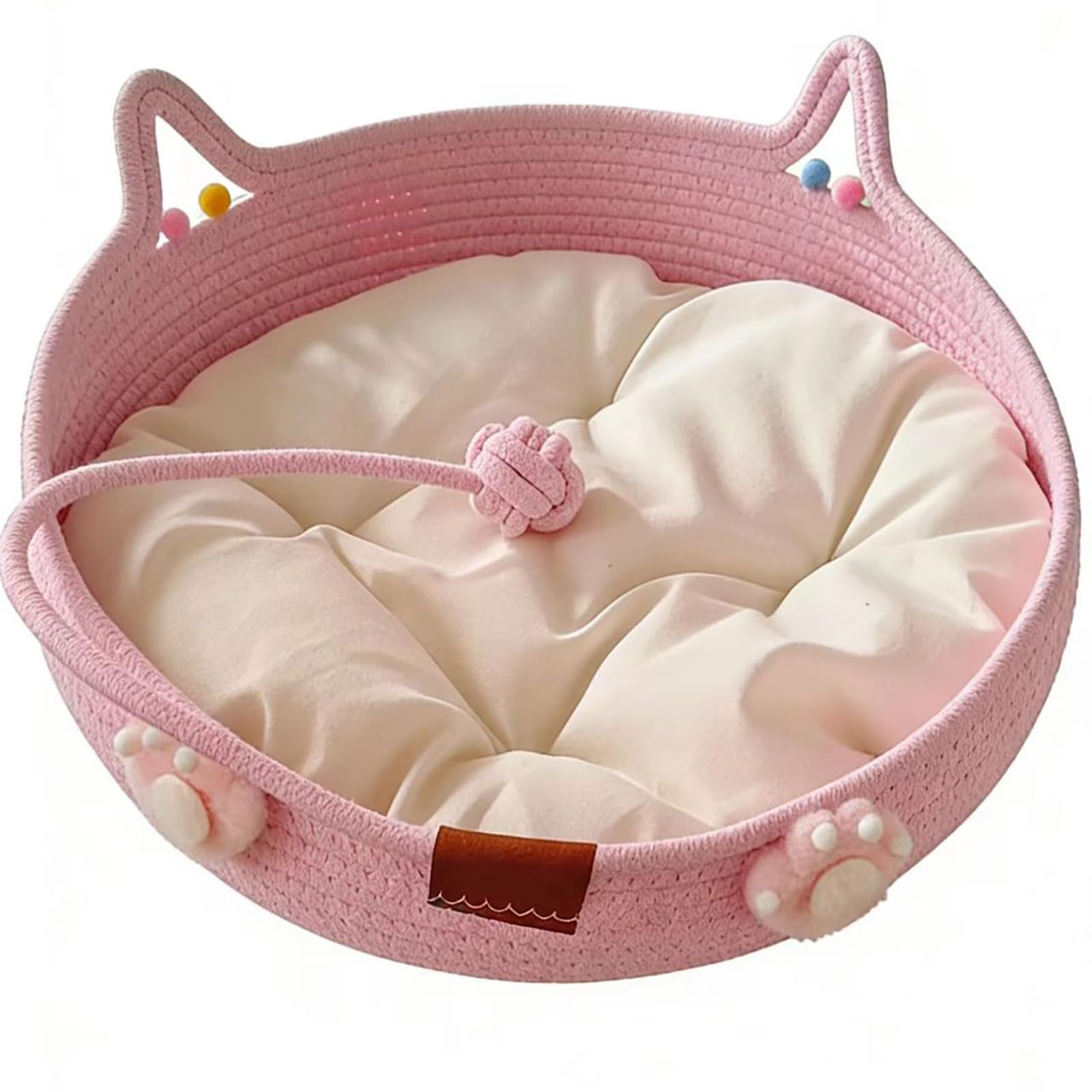 BIAOO Cotton-Woven Cat Bed Basket for Cats, Year-Round Woven Rope Bed with Play Ball and Cushions, Protects Living Room Furniture, 45 cm Diameter x 15 cm Height, Pink,with cushions