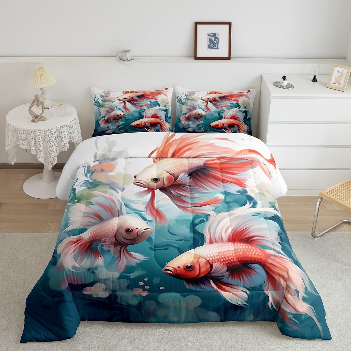 Betta Fish Bed Comforter Set Queen Size,Watercolor Tropical Fish Animal Super Soft Microfiber Bedding Set for Adults Kids,Artistic Maine Life Black Decorative Comforter Set,3 Pcs
