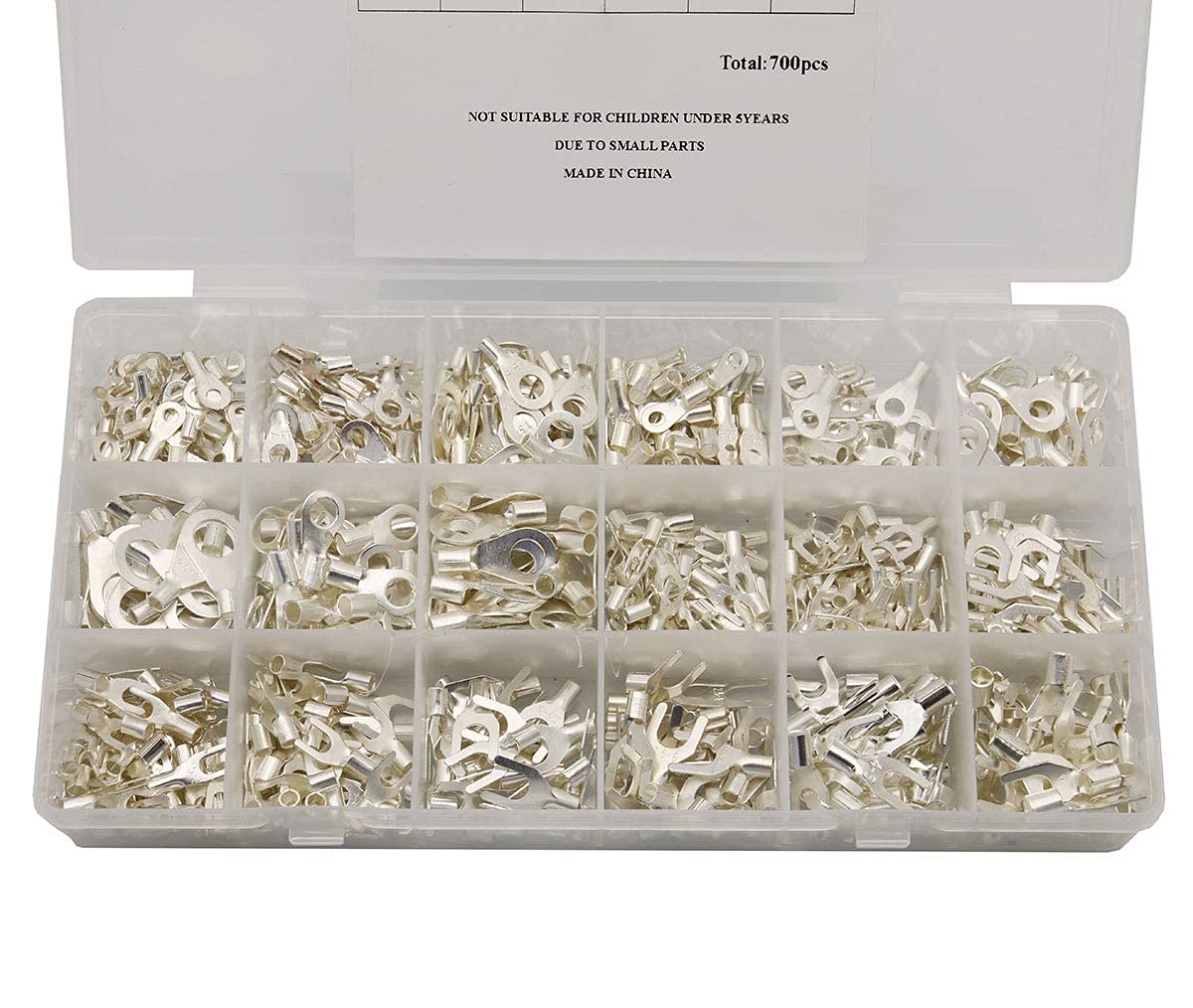 700Pcs 18 in 1 Wire Crimp Connectors Non-Insulated Ring Fork U-Type Terminals 22-10 AWG Tin-Plated Copper Terminals Assortment Kit