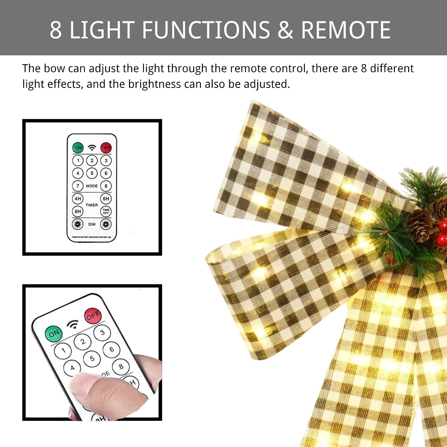 Christmas Tree Topper Bow, White&Black Buffalo Plaid Bow with Warm Lights and Pine Cone for Christmas Tree Topper Wreath Christmas Indoor Outdoor Decorations Bow (White&Black)