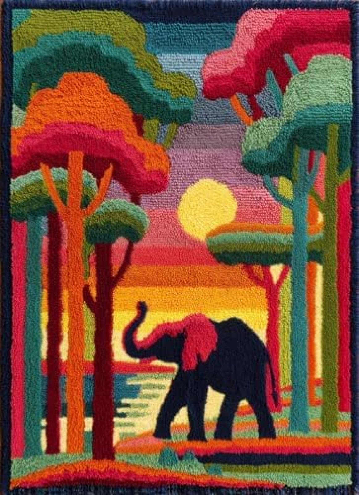 XDEGHUANGSS Latch Hook Rug Kit Elephant and Forest with Pre-Printed Mat Cover DIY Cushion Crochet Yarn Hooking Craft Set for Floor Decor 38x52cm-2
