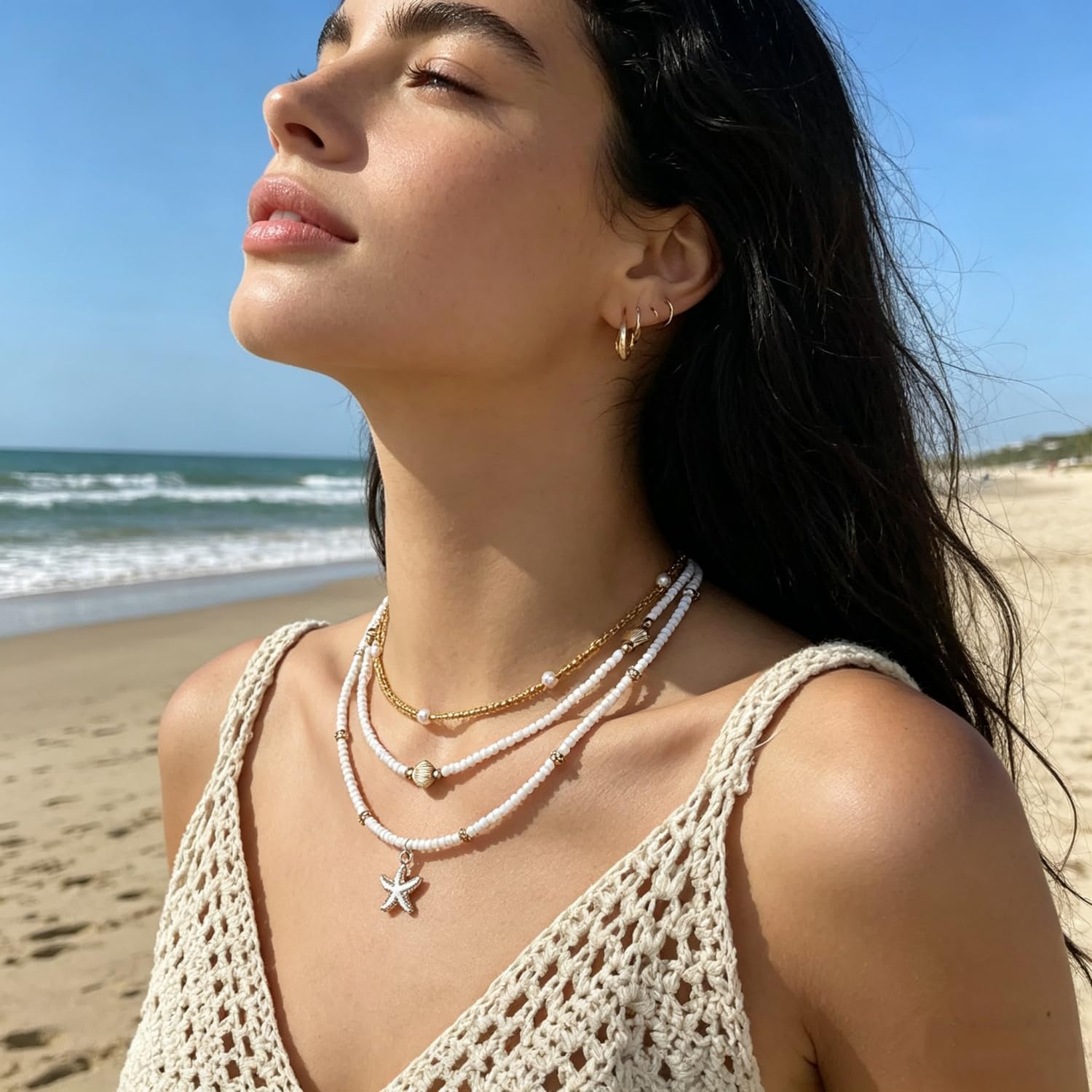 Layered Starfish Shell Necklace for Women, 3 Pcs White Beaded Gold Choker, Bohemian Ocean Beach Necklaces, Adjustable Chain Summer Jewelry for Vacation
