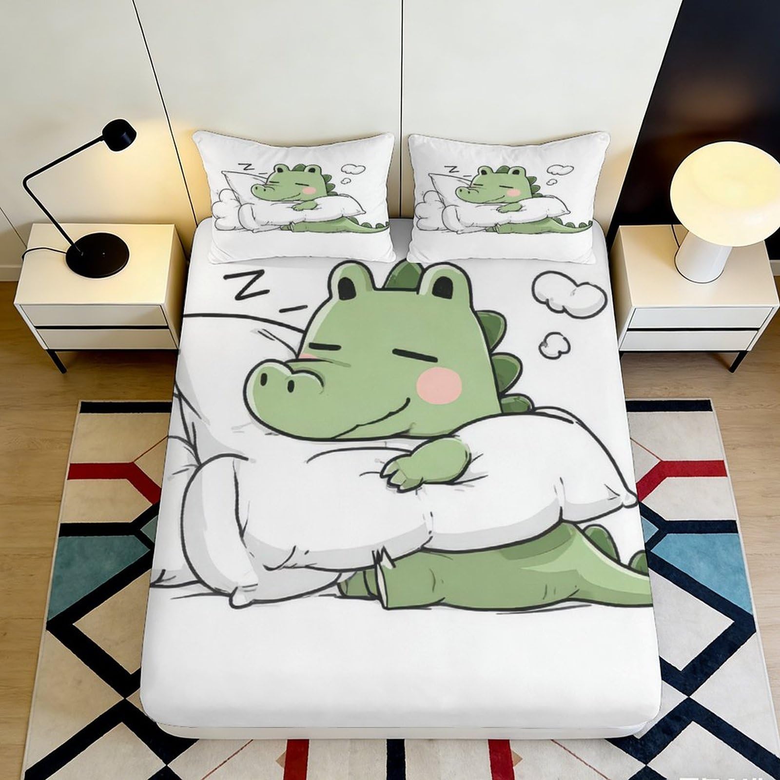 3D Printed Cartoon Dinosaur Fitted Sheet Microfiber Deep Pocket Non-Slip Bedroom Bedding Set Cartoon Dinosaur Mattress Fitted Cover for Adults Teens 160x200x25cm