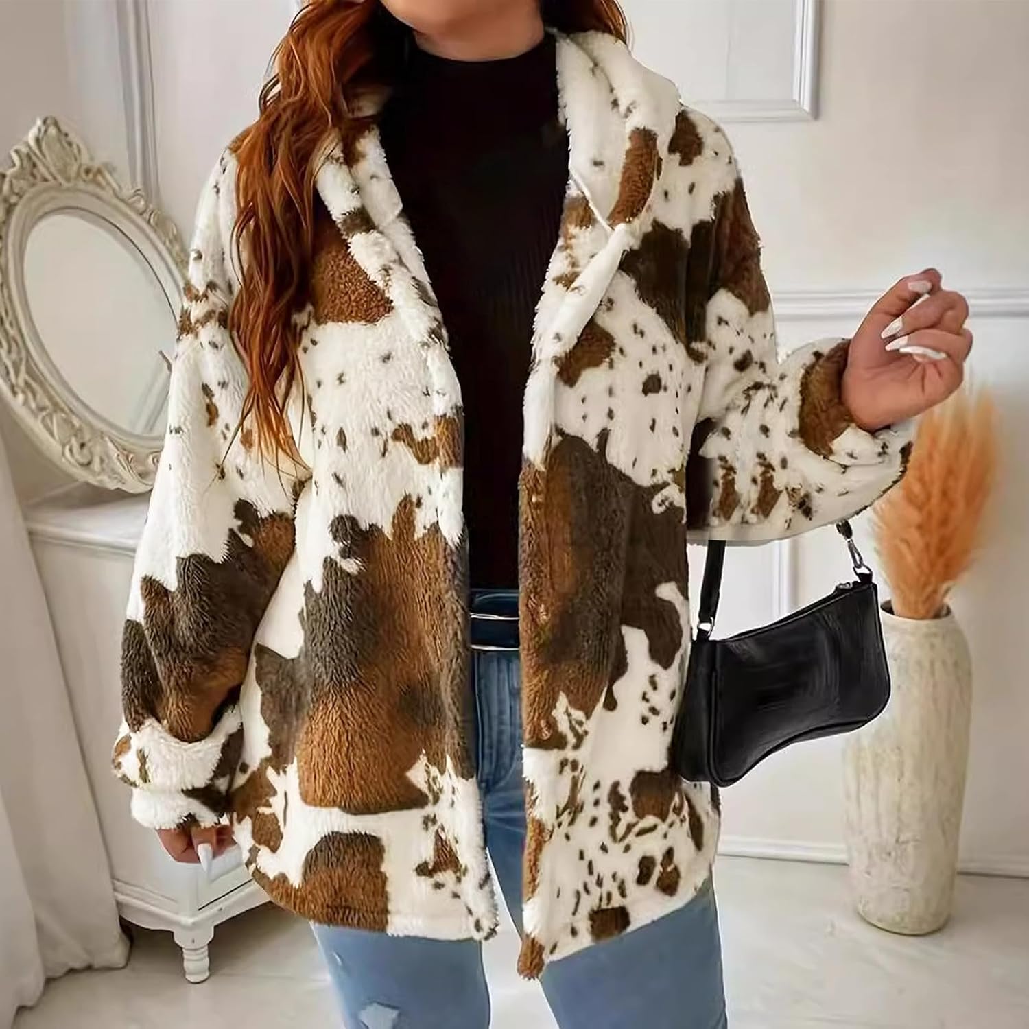 Womens 2024 Winter Coat Trendy Cow Print Fuzzy Jackets Hooded Zip Up Faux Fur Plush Overcoat Warm Fleece Outerwear