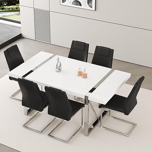 Miniatura 29 de Juego de mesa de comedor moderno de 55 pulgadas para 6, superficie de mesa blanca y estructura de metal plateado, mesa rectangular para comedor