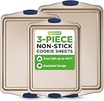 NutriChef Kitchen Oven Baking Pans - Deluxe Nonstick Gold Coating Inside & Outside Carbon Steel Bakeware Set with Blue Silicone Handles, Durable & Reliable Cookie Sheet Oven Pan Style
