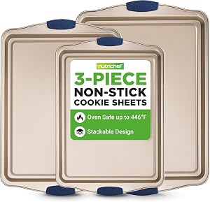 NutriChef Kitchen Oven Baking Pans - Deluxe Nonstick Gold Coating Inside & Outside Carbon Steel Bakeware Set with Blue Silicone Handles, Durable & Reliable Cookie Sheet Oven Pan Style