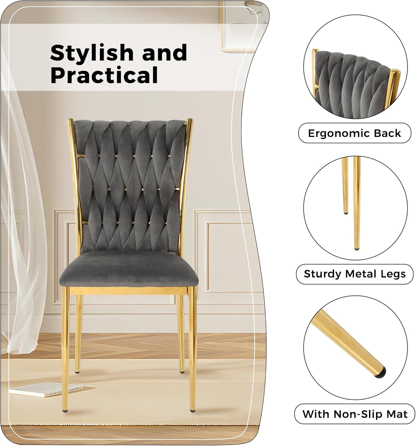 Velvet Dining Chairs Set of 6, Modern Woven Kitchen Chairs with Gold Metal Legs, Upholstered Cushion with High Back, Dirt Resistance, Easy to Install, for Living Room, Dining Room - Dark Grey
