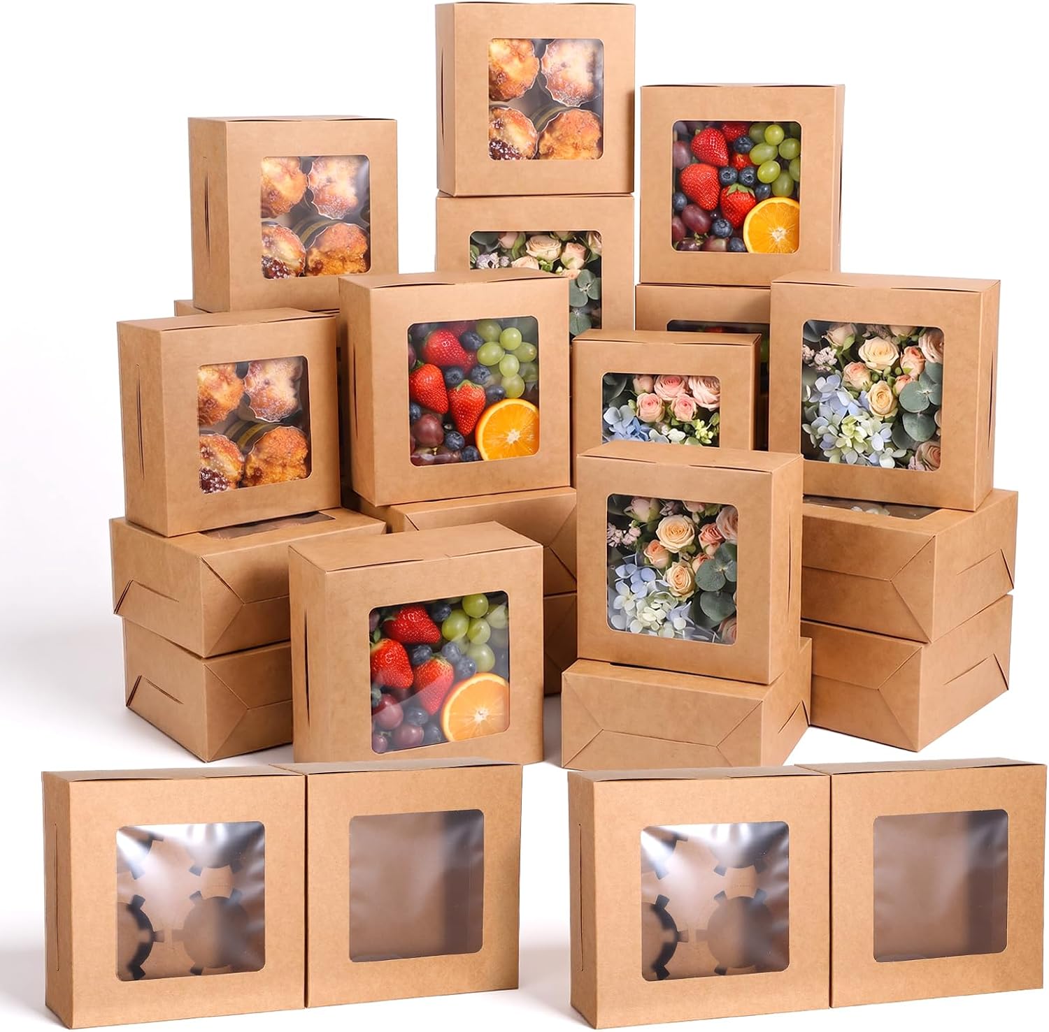 50 PCS Window Cupcake Boxes 4 Count, 6.3x6.3x3 Inch Muffin Boxes with Clear PET Lid & Paperboard, Disposable Bakery Containers for Pastries Cookies Desserts