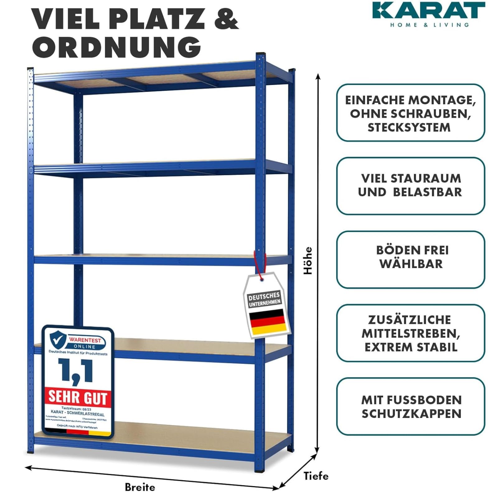 KARAT Estantería para cargas pesadas, juego de 2 unidades, estantería sin tornillos, estantería para sótano, estantería de almacenamiento, 5 estantes ajustables (azul, 50 x 100 x 200 cm)