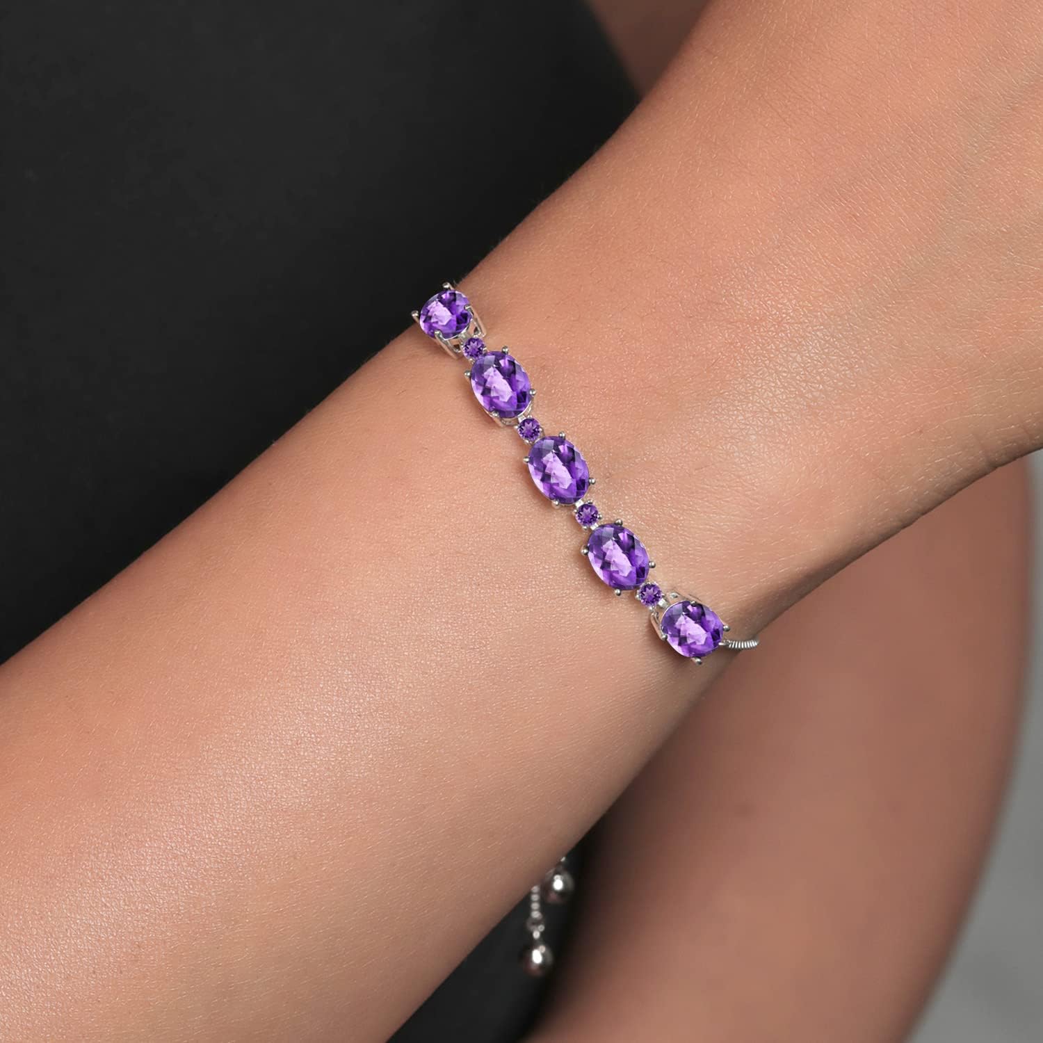 Gem Stone King Purple Amethyst Tennis Bracelet For Women in 925 Sterling Silver | 6.24 Cttw, Gemstone Birthstone, Oval Checkerboard 8X6MM