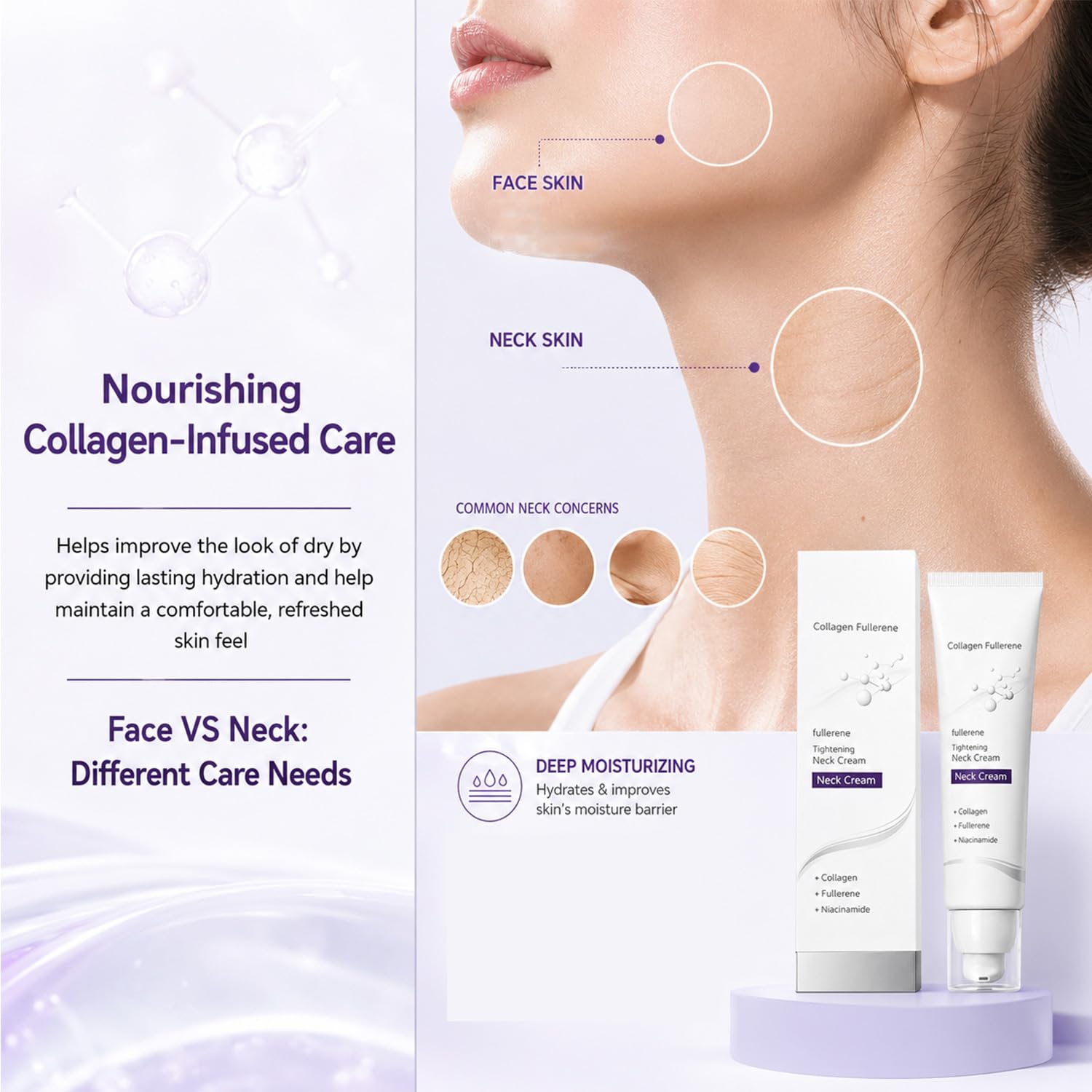 Magic Collagen Fullerene Neck Cream, Tighten and Lift Firming Neck Cream for Loose Skin, Lightweight Fast Absorbing Non-Greasy Formula for Daily Neck Care