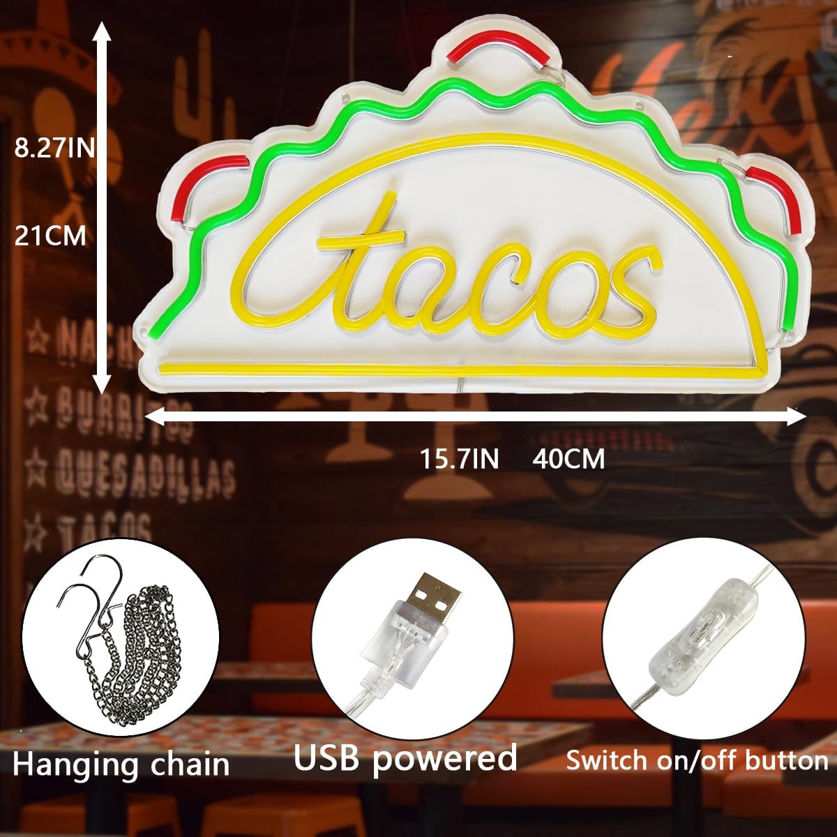QILAND Taco Neon Sign Super Bright Acrylic Handmade Mexican Burritos Led Light Neon Light Size 15.7x8.2 in Taco Sign for Shop Window Store Display Bar Nightclub Grand Opening Gift