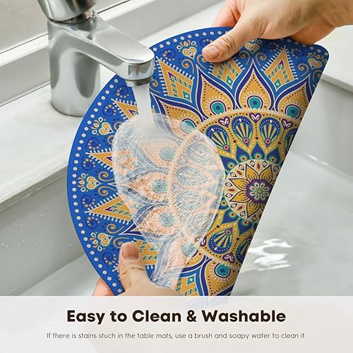 Miniatura 4 de Artoid Mode Juego de 4 manteles individuales de plástico de vinilo con mandala azul, 14 pulgadas, lavables, antideslizantes, tejidos, redondos, para