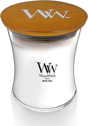 Miniatura 2 de WoodWick - Vela mediana en frasco, aroma White Teak, con forma de reloj de arena, cera de mezcla de soja, mecha de madera Pluswick Innovation,