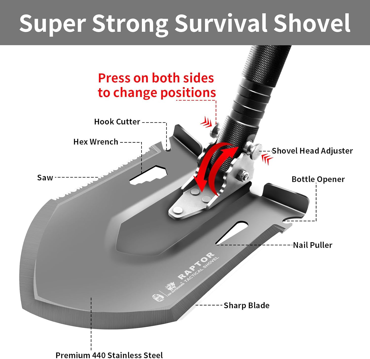 HX OUTDOORS Survival Tactical Shovel, Multifunctional Folding Camping Shovels, Foldable Camp Shovel with Aluminium Alloy Handle (Black)