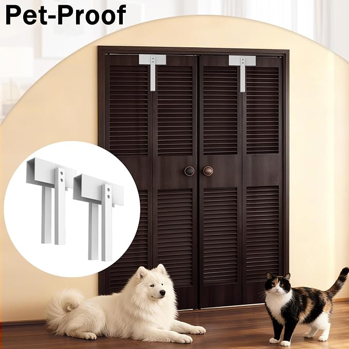 Cerradura para puertas plegables de metal, 2 piezas, sin instalación, blanca, para armarios, despensas y gabinetes, seguridad infantil y para mascotas miniatura 4