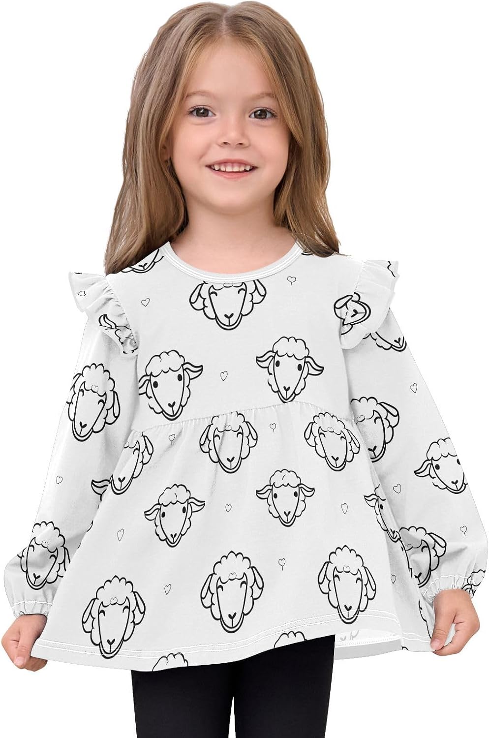 visesunny Toddler Clothes for Girls Simple Lines Cute Goat Long Sleeve Fall Shirts Cotton Top with Ruffle Collar