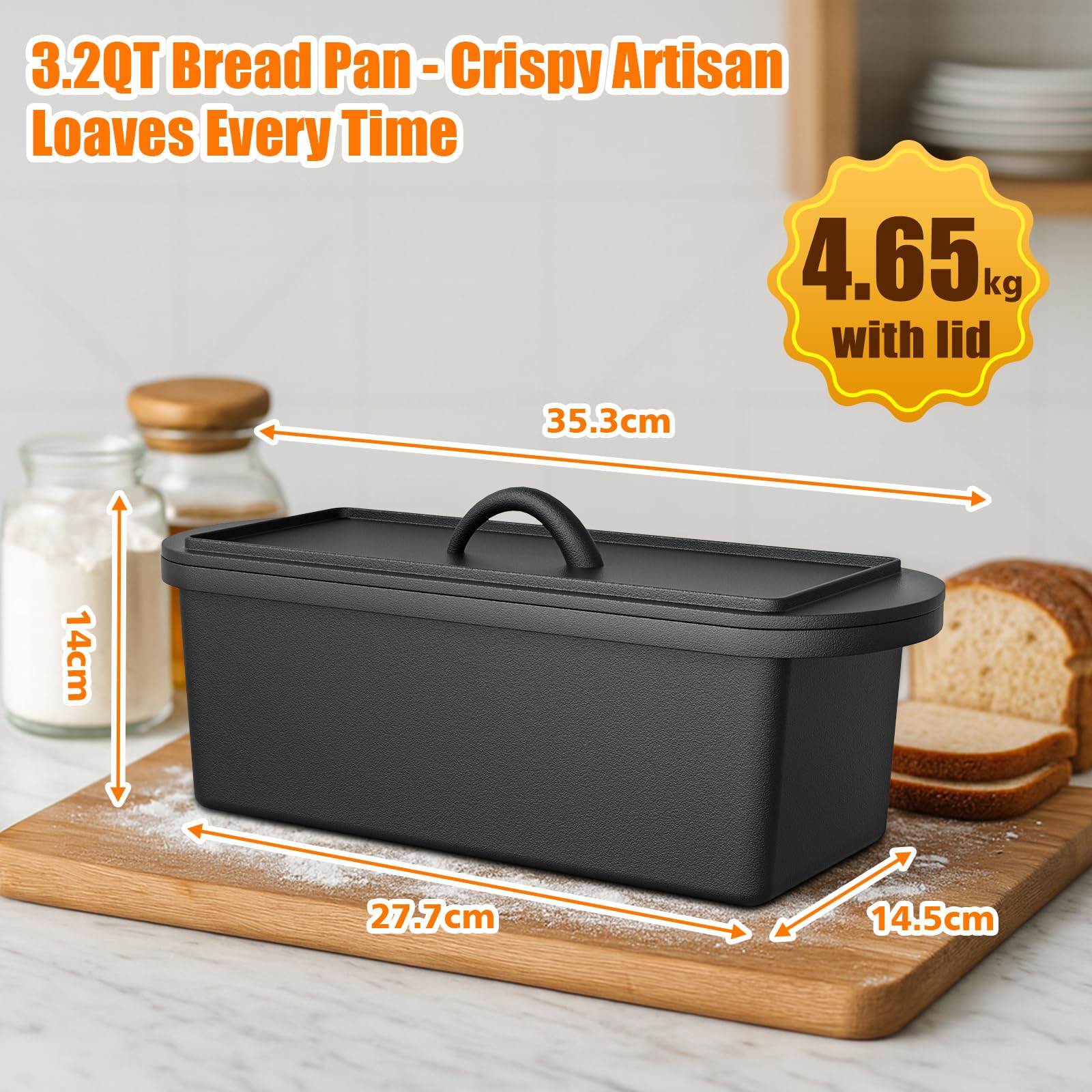 GFTIME Cacerola de hierro fundido de 26 cm, incluye molde para pan con tapa, incluye cesta de fermentación, resistente molde para pan con tapa, ideal para pan, pan de hierro fundido, molde para pan