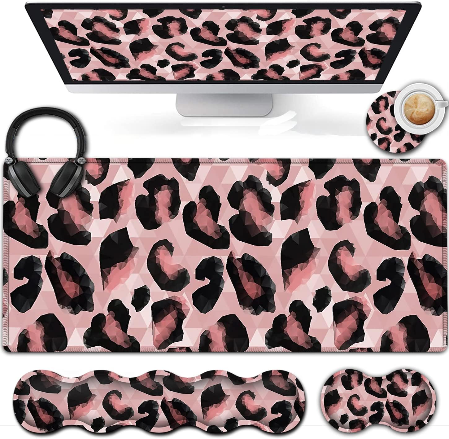 Extended Gaming Mouse Pad 31.5x11.8 Big Desk Mat, Ergonomic Memory Foam Keyboard Wrist Rest Support, for Home Laptop Office Desk Pad with Non-Slip Base,Abstract Pink Leopard Print Large Mouse Pad