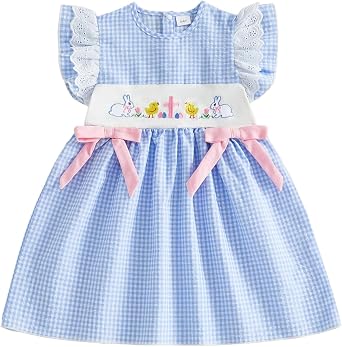 Toddler Baby Girls Easter Dress Bunny Embroidery Short Sleeve Smocked Dresses Easter Outfit A-Line Spring Sundress