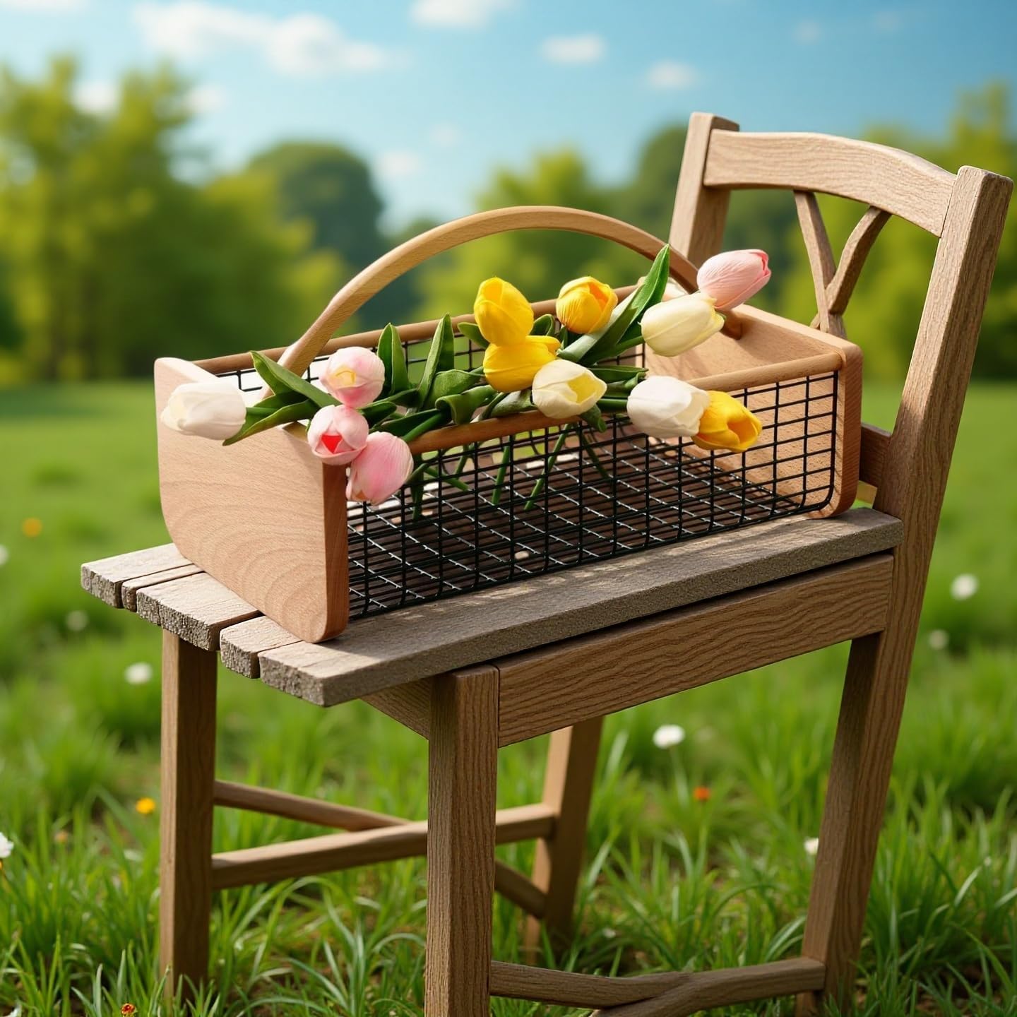 Beechwood Garden Hod for Harvesting, Premium Mesh Harvest Basket with Smooth Solid Wood Handle, Wire Picking Basket for Vegetables, Fruits & Flowers, Classic Garden Trug for Outdoor Rinse & Storage