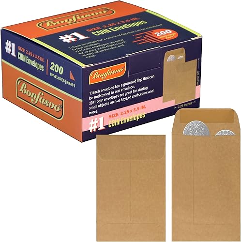 Bonfasvo Paquete de 200 sobres de papel kraft #1 para monedas de 2.25 x 3.5 pulgadas, sobres clásicos de papel kraft para piezas pequeñas con solapa