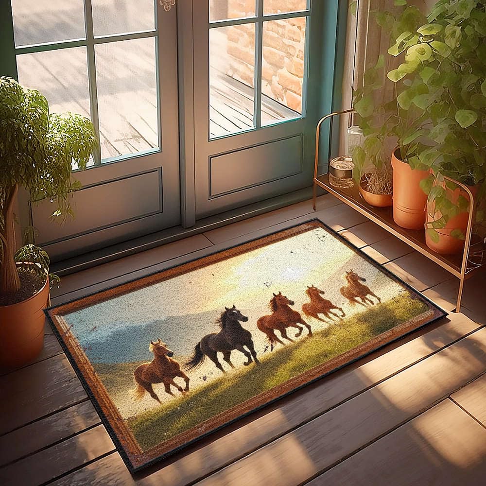 Paillasson automne cinq chevaux galop motif équestre coucher de soleil 65x90