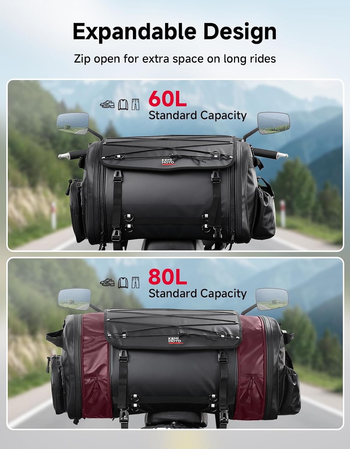 KEMIMOTO Motorcycle Travel Luggage Bags, Expandable Large Capacity Motorcycle Tail Bag, Waterproof Rear Rack Trunk, Motor Pannier Bag with Rain Cover and Straps 60L-80L