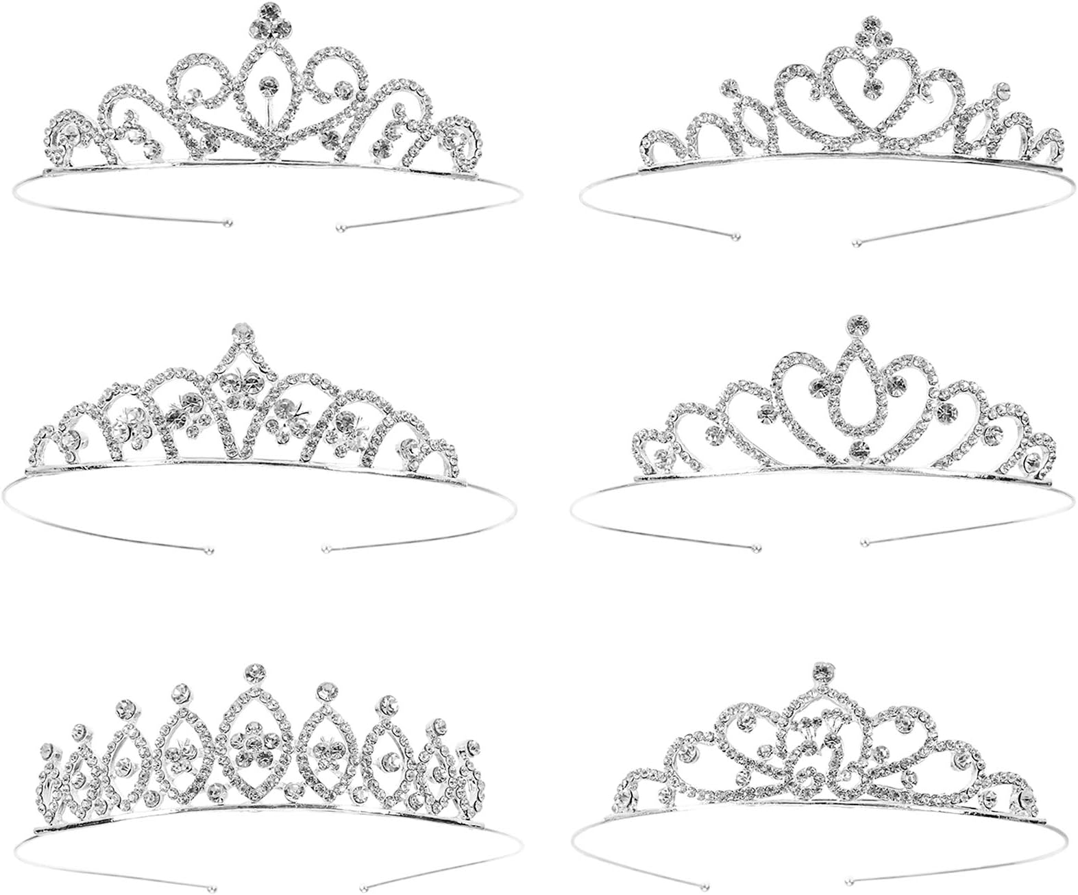 Hedume 6 Pack Princess Crystal Tiara Crown Headbands, Silver Metal Sparkly Glitter Rhinestone Hair Accessories, Girls Women Princess Crown Headbands for Birthday Party, Wedding, Prom, Pageant