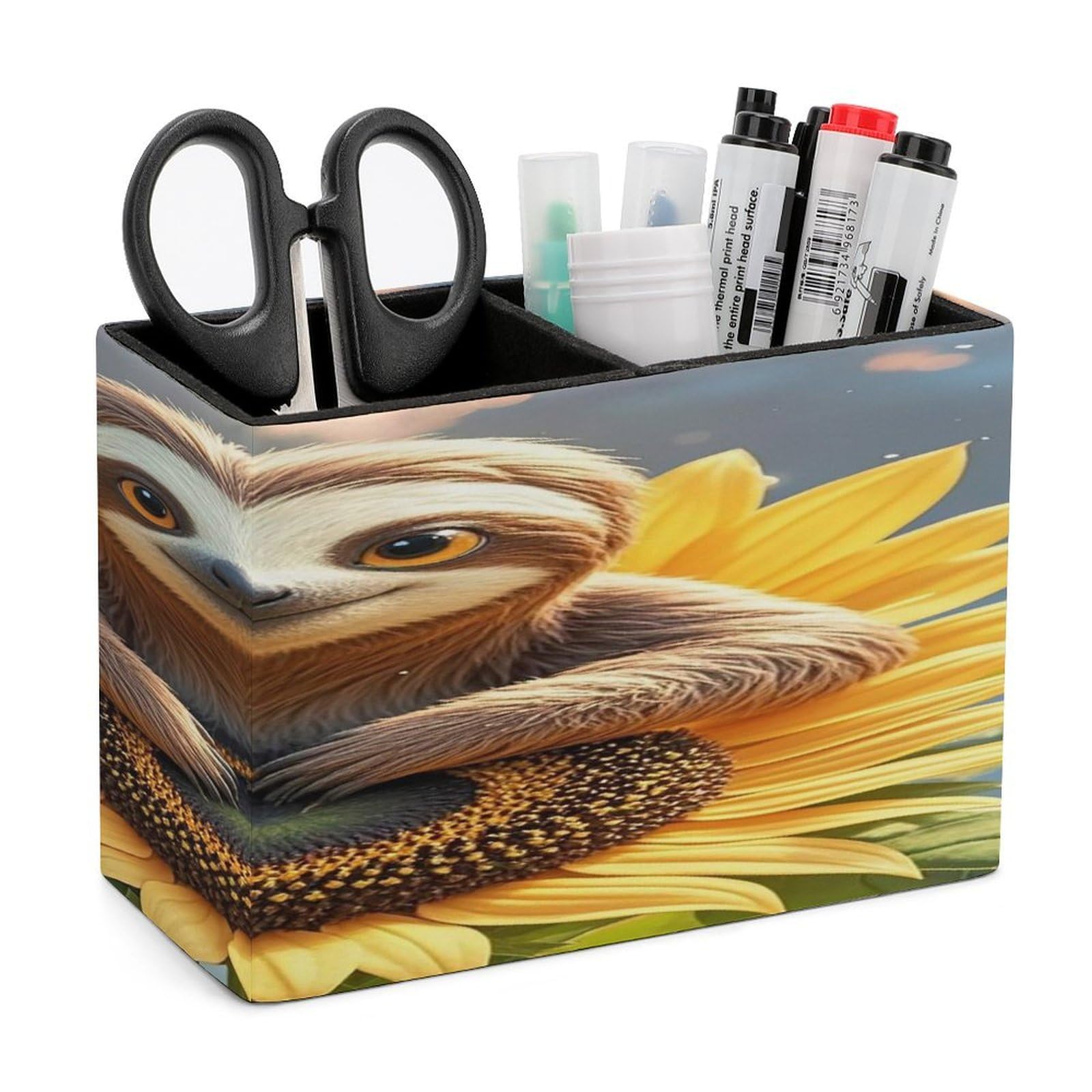 LZQPOEAS Cartoon Sloth Sitting on Sunflower Leather Pen Holder with 2 Compartments Luxury Pencil Holder Minimalist Pencil Cup Brush Scissor Holders Elegant Pen Cup for Office Home Desk Accessories