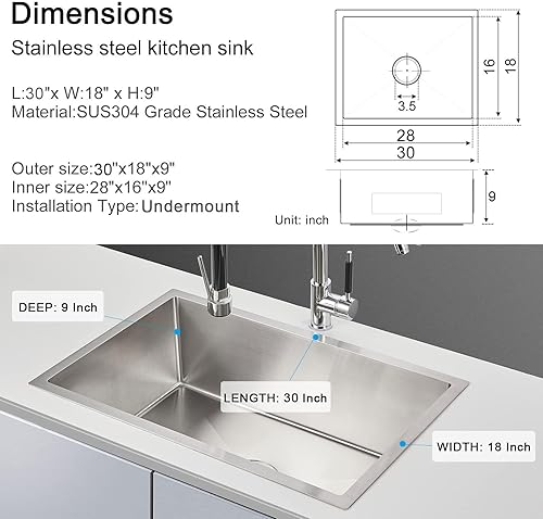 Vista 89 de MENATT Fregadero de cocina de 20 pulgadas, acero inoxidable SUS304 hecho a mano, fregadero de cocina con colador de fregadero (cepillado), 20 x 16 x