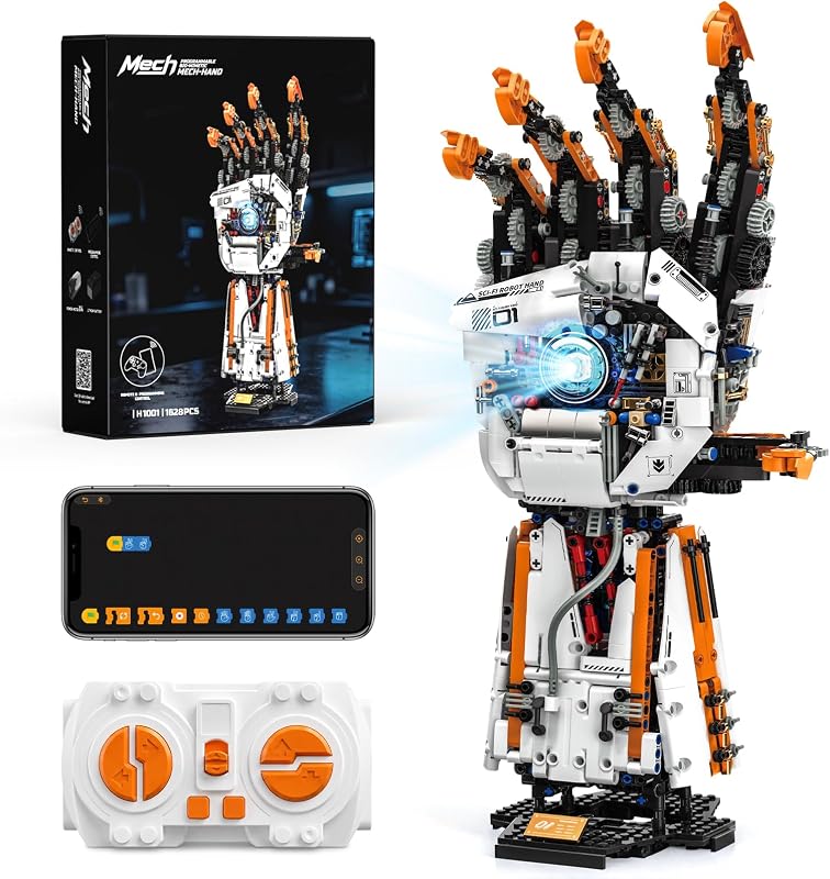 HIGH GODO Technic RC Robotic Hand Building Set, Programmable Bionic Robotic Arm Building Kit with Light, Remote Control and App Controlled, Cyberpunk Mechanical Set for Adults (1628PCS)