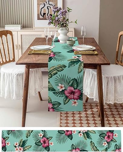 Miniatura 3 de Greeeen Camino de mesa de lino y algodón caminos de mesa de cocina tropicales para cena familiar banquetes fiestas y celebraciones hibisco hamabo