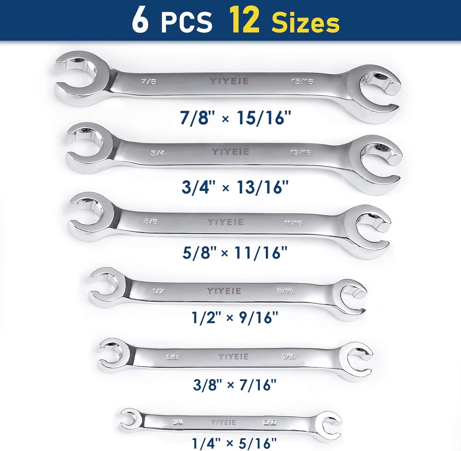 YIYEIE 11-Piece Flare Nut Wrench Set Bunlde, Metric & SAE, 9-21mm & 1/4" to 15/16'', 6 Point Open End, 15° Offset, CR-V Steel, Line Wrenches with Carrying Pouch