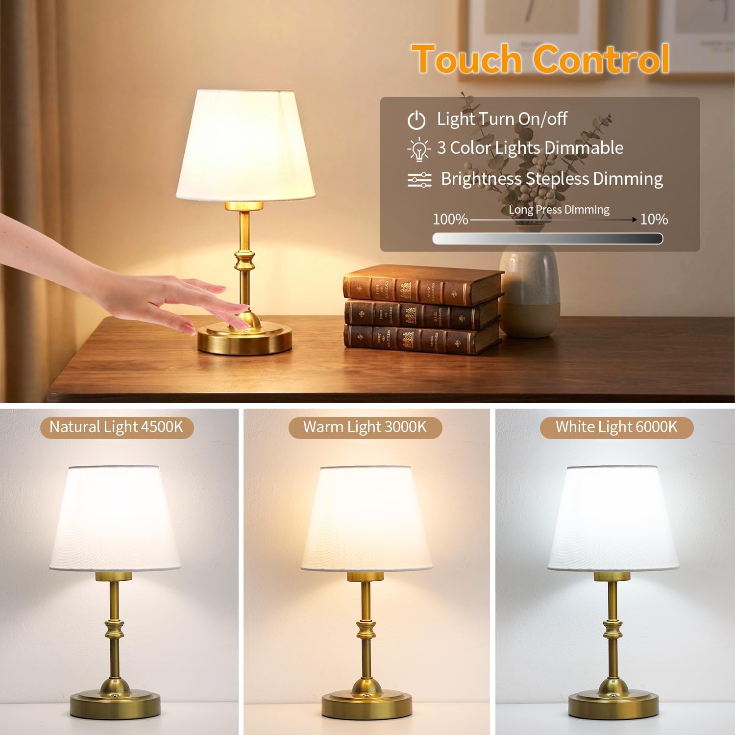 Portables Cordless Table Lamp Set of 2,LED Fabric Shade DeskLamp,Rechargeable Battery Operated，Lighting for Bedroom, Bedside,Bar,Living Room, Dining Room, Night Light (Brass)