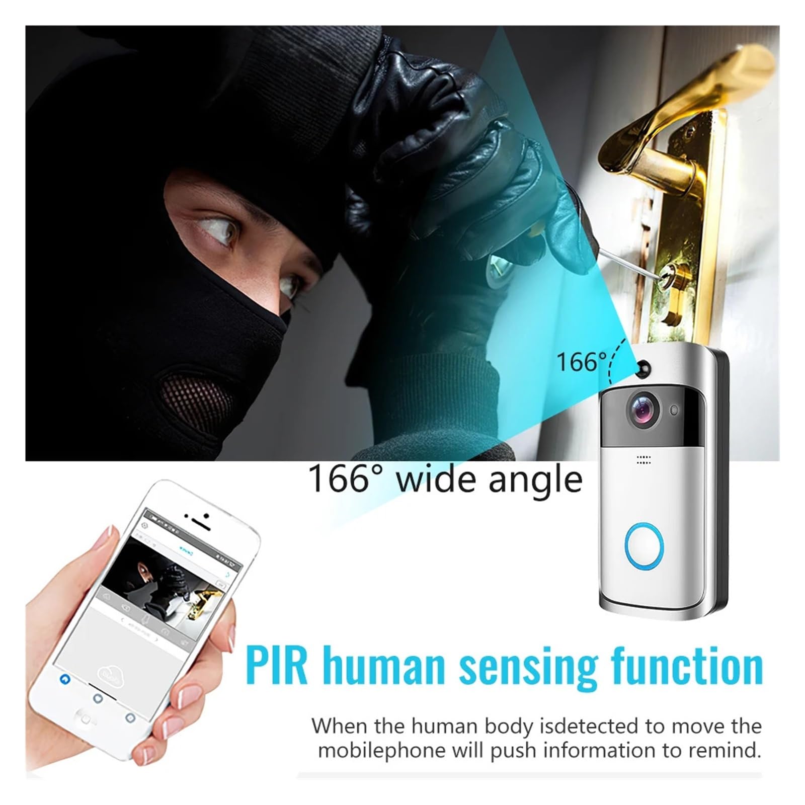 Timbre de vídeo Inteligente con WiFi IP65, Timbre casa Resistente al Agua, intercomunicador Anillo for teléfono, lámparas visión Nocturna 6x850, Alarma Seguridad infrarroja