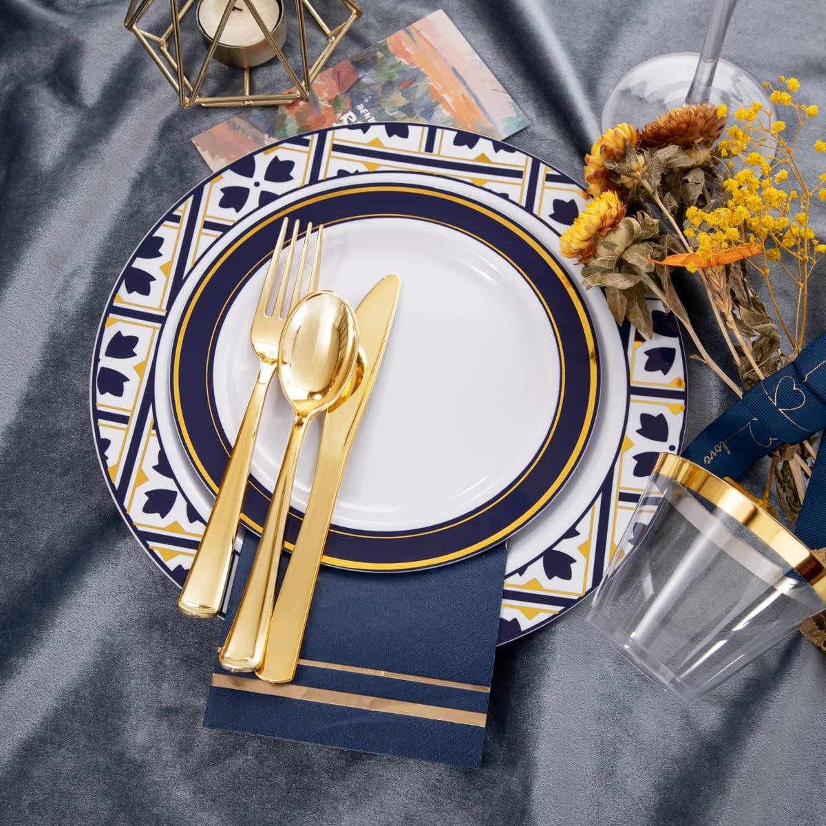 Nervure 175PCS Blue Plastic Plates - White Blue Gold Disposable Plates Include 25Dinner Plate, 25Dessert Plate, 25Cups, 25Forks, 25Knives, 25Spoons, 25Napkins for Wedding & Party - Image 5