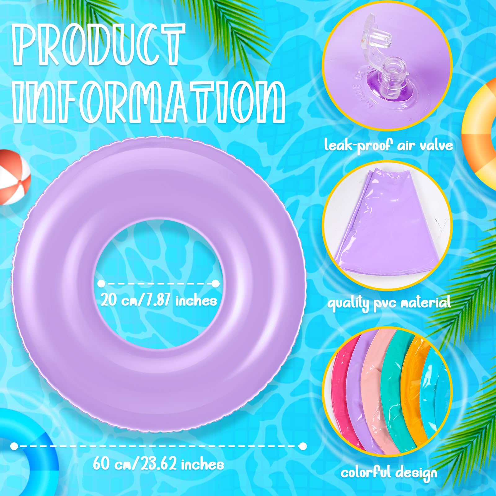 Gemscream Petit flotteur gonflable de piscine en vrac de 60 cm avec anneau de natation - Tube gonflable coloré pour adultes - Vacances d'été - Plage - Rivière - enterrement de vie de jeune fille