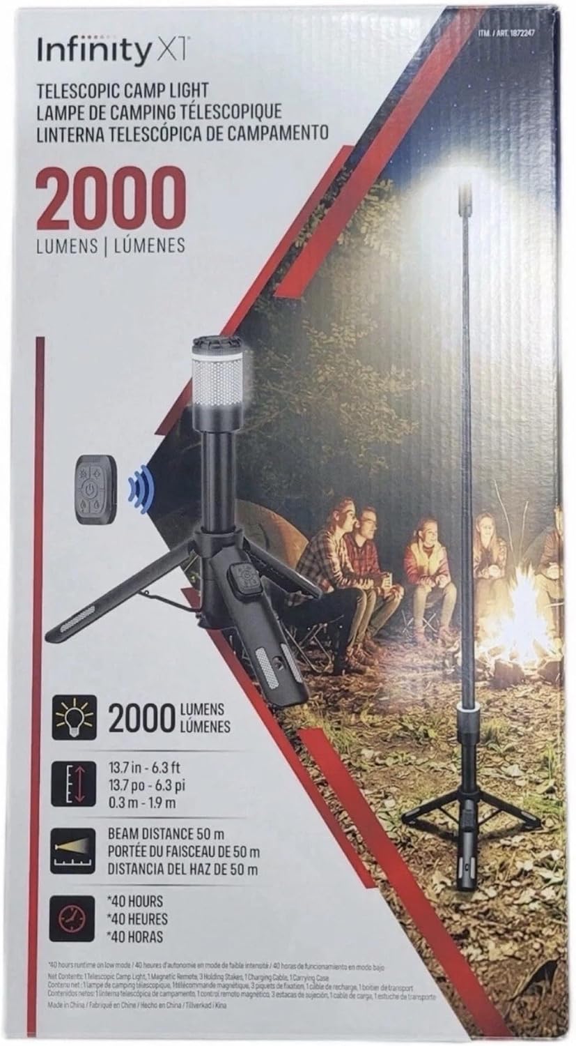 Infinity X1 Telescopic Camp Light, 2000 Lumens, Adjustable Height up to 6.3 ft, Remote Control, Tripod Stand, 40-Hour Runtime