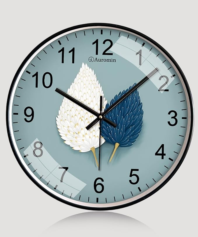 Auromin Designer Modern Wall Clock for Living Room Stylish Latest | Unique Wall Watch for Bedroom, Office, Kitchen, Hall| Decorative Clock for Home Decor & Wall Decoration Items (Sky-Leafpair)