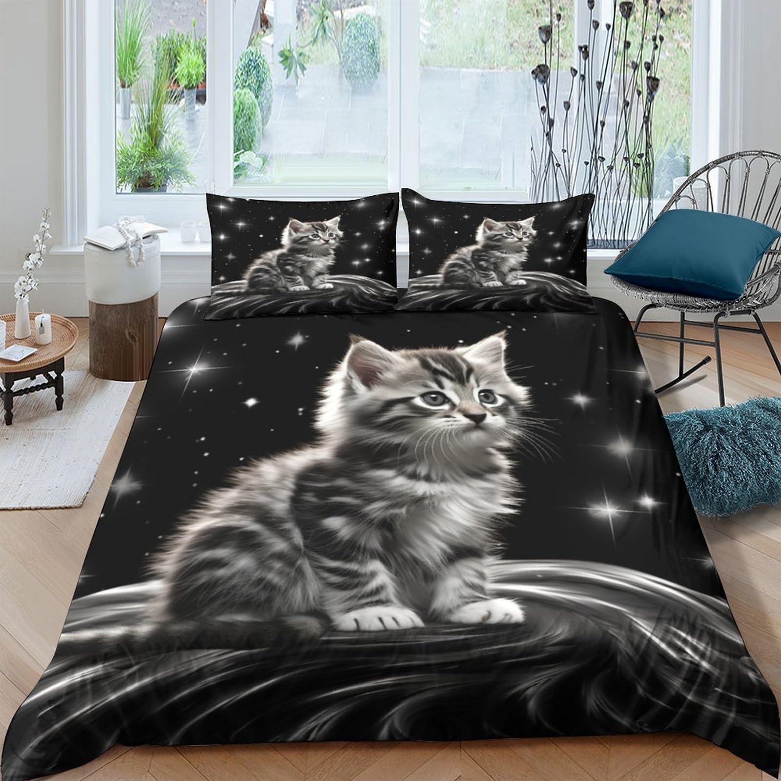 Parure de lit chat 3D microfibre anti-plis avec fermeture éclair pour lit double 200x200