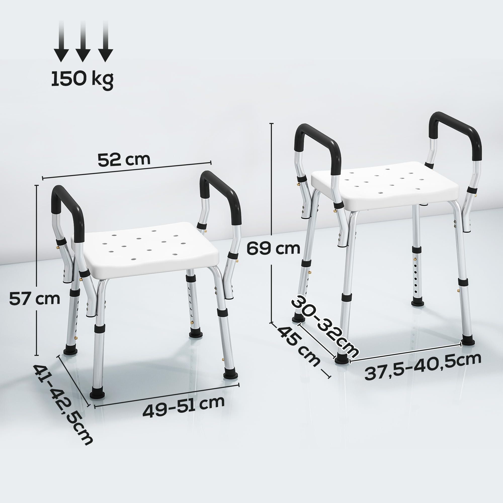 HOMCOM Taburete de ducha Silla de ducha para personas mayores y discapacitadas con reposabrazos, altura ajustable, patines antideslizantes, silla de baño de aluminio antioxidante, color blanco