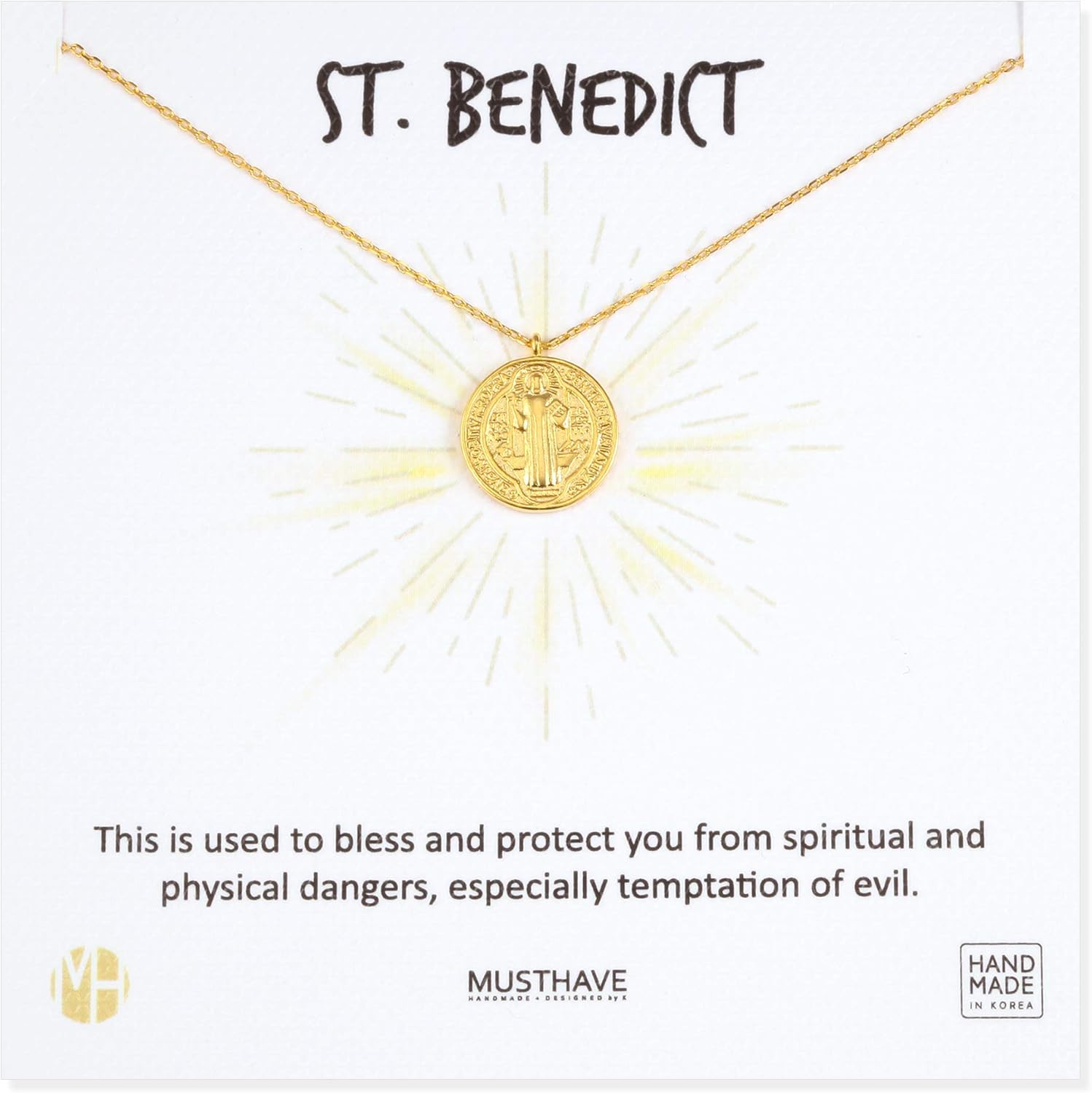 MUSTHAVE ST. Benedict Coin 18K Gold Plated Necklace With Message Card, Yellow and White Color, Anchor Chain, Best Gift Necklace, Size 16 inch + 2 inch Extender, Pendant