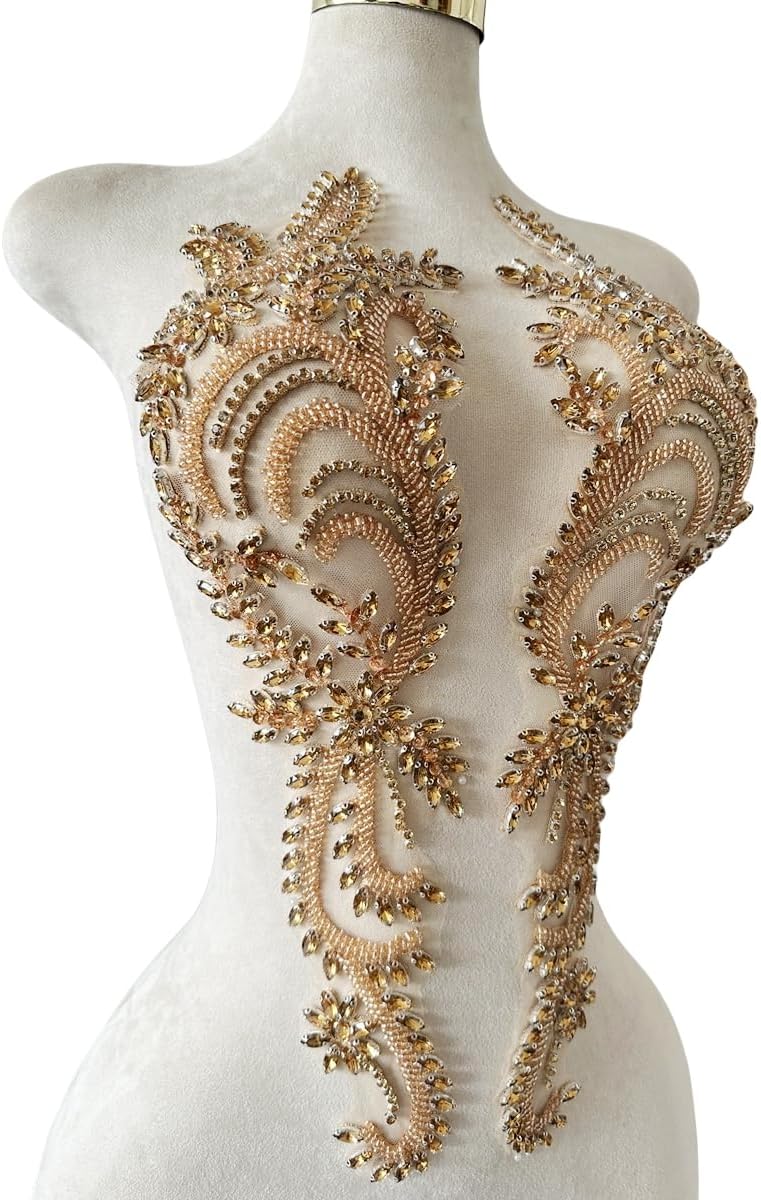Handmade Rhinestones on Lace Applique Trim Sewing Beads Sequins Trim Patches for Wedding Dress Accessories 1Pair/Bag 5.9X21inches (Champagne)