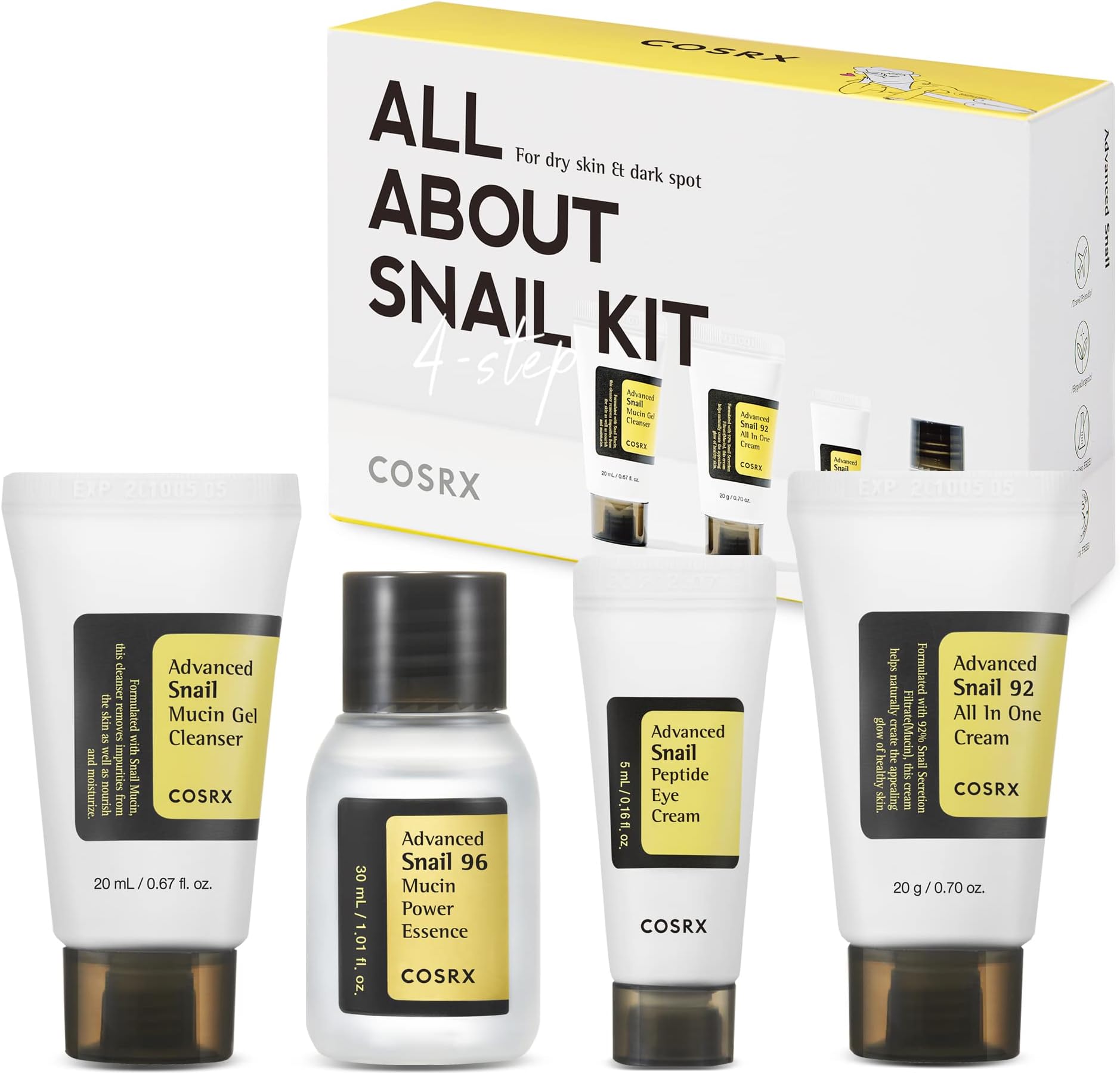 COSRX All About Snail Korean Skincare | TSA Approved Travel Size, Gift Set with Facuak Cleanser, Essence, Cream & Eye-cream, Repairing, Recovering, Rejuvenating Kit with Snail Mucin, Korean Skincare