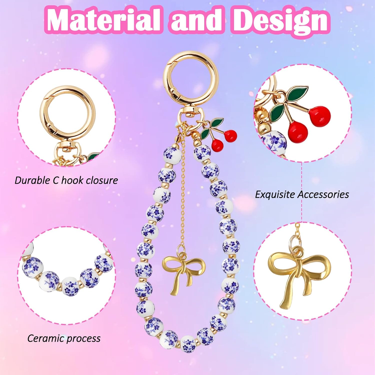 Beaded Keychain Wristlet for Women Glitter Cherry Keychain Beaded Charm Bow Key Ring Bracelet Car Key Chain Vintage Beaded Bag Purse Accessories for women - Image 3